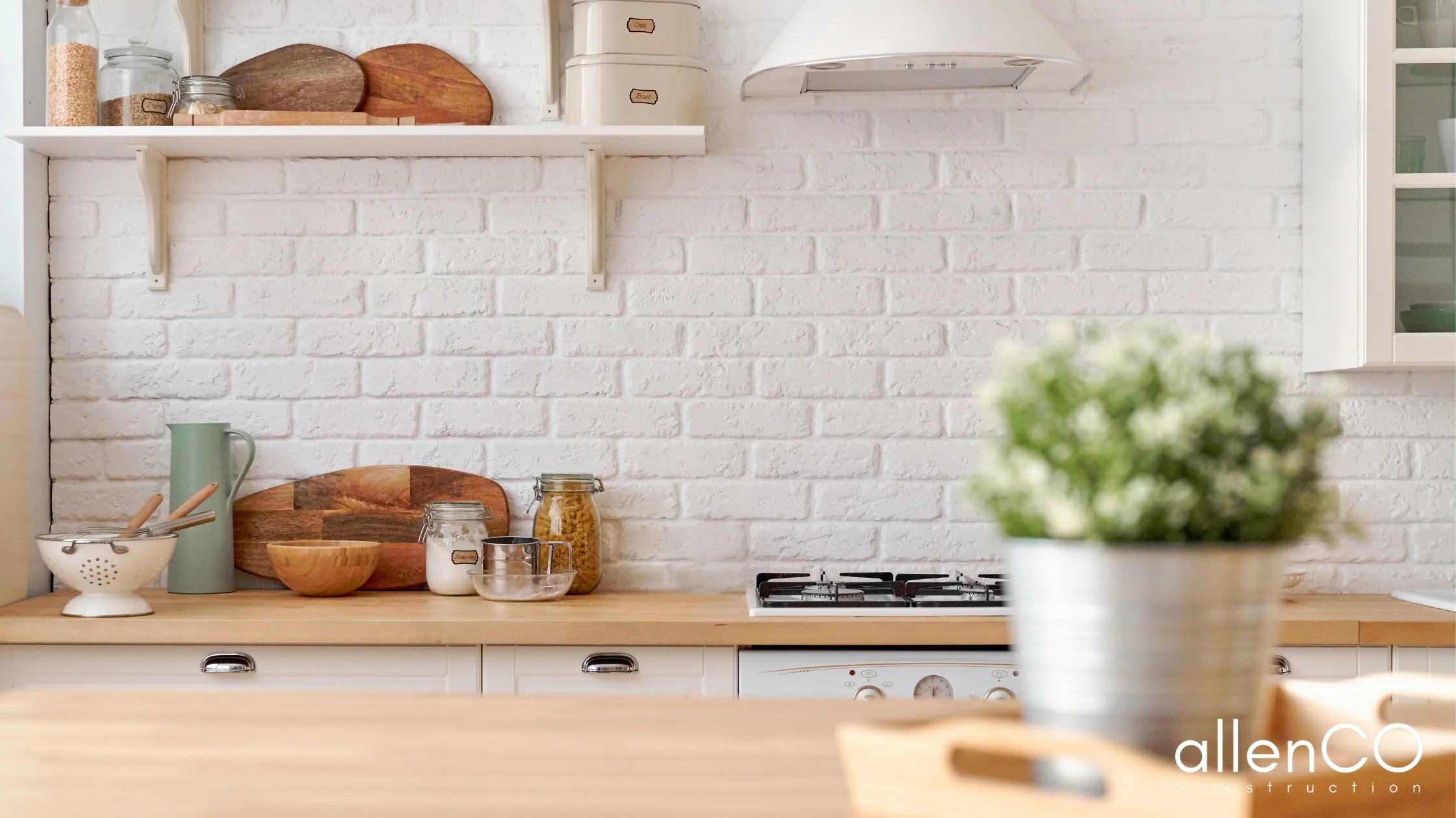 Kitchen with bamboo benchtop.